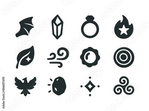 Black Fantasy Icons. Fantasy Motion. Solid icon set of Fantasy Motion: dragon wing, crystal, magic ring, star flame, enchanted leaf, wind curl, aura pulse,