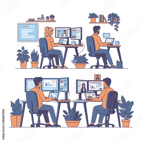 Flat 2D graphic illustration showing four young professionals collaboratively working on computers at separate ergonomic desks in a modern, brightly lit co working office environment