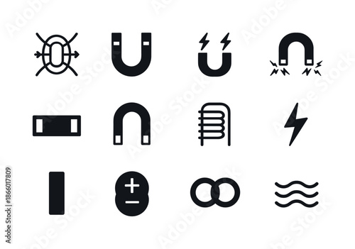 Magnetic Icon Set. Magnetic force. Solid icon set of magnetic force: field lines, arrows, magnet pull, magnet push, bar magnet, horseshoe magnet, coil, spark