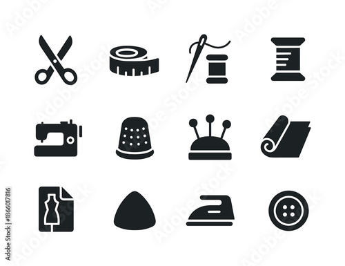 Tailoring Tools Icons. Tailoring tools. Solid icon set of tailoring tools: scissors, measuring tape, needle, thread spool, sewing machine, thimble, pins,