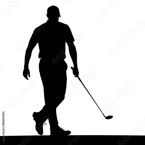 Silhouette of a golfer walking with a golf club.