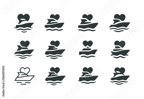 Romantic Getaway Logos. Romantic getaways and vacations. Icon set. Set Logo of romantic getaways and vacations: Yacht cruise. harmonious logo variations of the