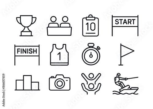 Wakeboarding Icon Set. Wakeboarding competition. Line icon set of Wakeboarding competition: trophy, judge panel, scorecard, start banner, finish banner,