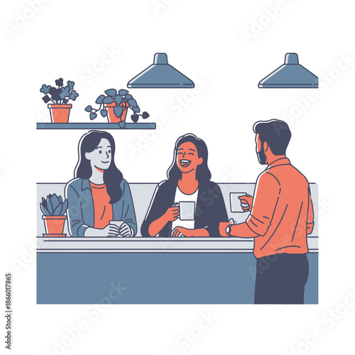 Flat 2D graphic illustration of three happy young colleagues enjoying a relaxed, informal coffee break near a sleek modern office kitchen counter, emphasizing positive workplace communication