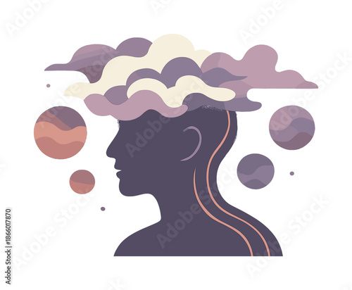 Emotional Transformation Silhouette. Mood-altering compounds. A silhouette with swirling clouds around the head; floating orbs showing emotional waves. Glow