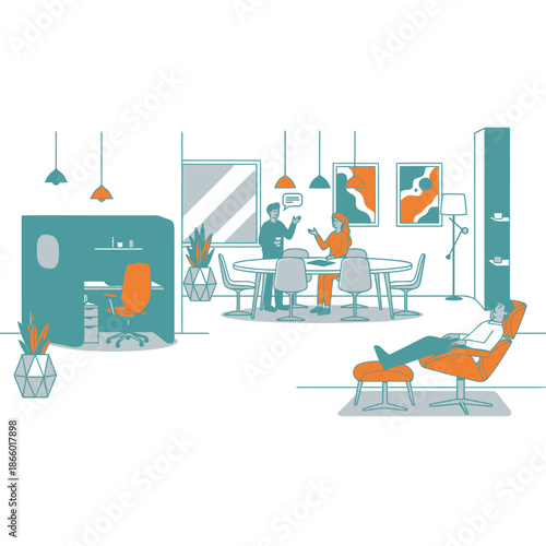 Flat 2D graphic illustration of a wide panoramic open plan office showing a flexible corporate environment with zones for quiet work, collaboration, and relaxation