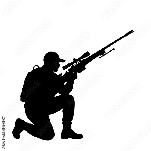 Silhouette of a kneeling sniper aiming a high-powered rifle with scope.