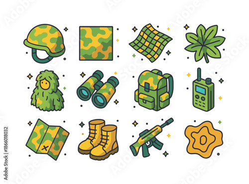 Colorful Camouflage Icons. Camouflage. Colorful isometric vector icons set of camouflage: soldier helmet, camo pattern, netting, foliage, ghillie suit,
