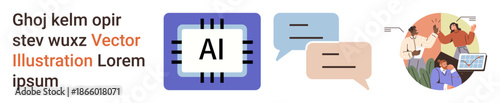 Technology, innovation, teamwork, data analysis, machine learning, digital communication. AI chip with text, chat bubbles and a team collaborating. Technology and innovation concept