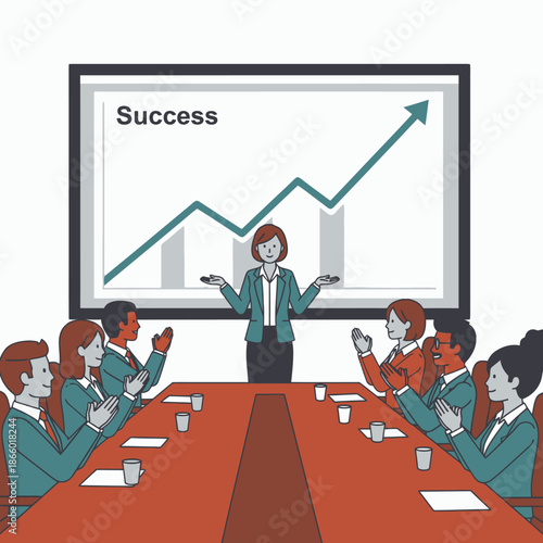 Confident female executive successfully presents a quarterly report to enthusiastic colleagues applauding her success, rendered in a 2D flat graphic illustration style