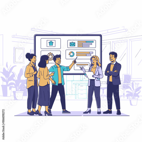 Collaborative flat graphic scene of a diverse agile team holding a stand up meeting in an open plan office, discussing and pointing at project milestones displayed on a large digital screen