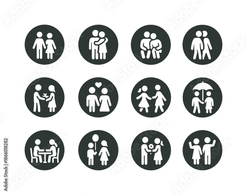 Romantic Icons Collection. Romantic couples. Solid round icon set of Romantic couples: couple holding hands, couple hugging, couple sitting, couple walking,