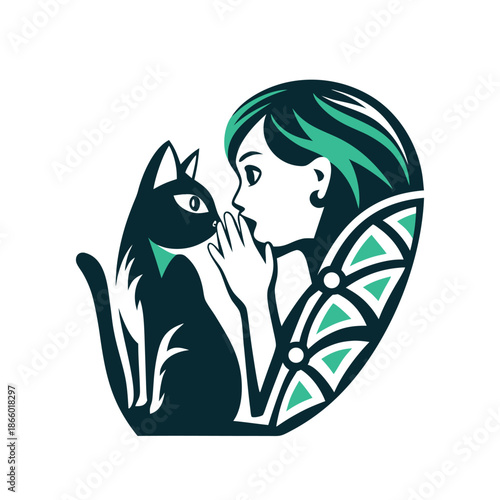 Woman Whispering Secret to Cat Vector Illustration