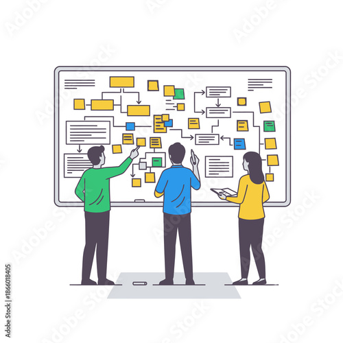 A small agile team collaborates on complex solutions in a vibrant 2D flat graphic scene, standing around a giant whiteboard filled with colorful sticky notes and detailed flowcharts
