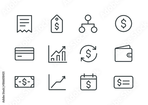 Expense Tracking Icons. Expense tracking. Line icon set of expense tracking: receipt paper, price tag, expense category icon, coin symbol, card payment icon,