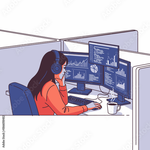A focused young woman wearing headphones works productively at her dual monitor workstation inside a minimalist open plan office cubicle, depicted in a vibrant 2D flat graphic illustration