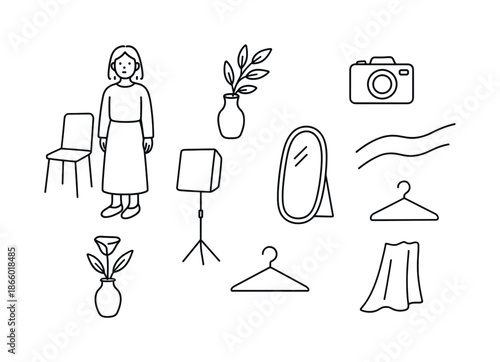 Minimalist Doodle Composition. Clean aesthetic. Hand-drawn doodle illustration clean aesthetic outline figure, plain blouse, long skirt, shoes, simple chair,