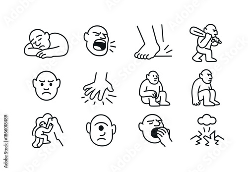Giant Behavior Icons. Tales of giants ? Giant Behavior. Line icon set of Tales of giants ? Giant Behavior: sleeping giant, roaring mouth, stomping foot, club