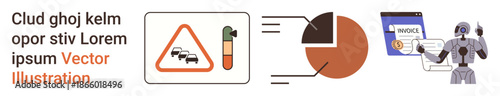 Traffic safety, data analysis, cryptocurrency, automation, robotics, innovation. Traffic warning sign, chart invoice and robot in vector art. Traffic safety and data analysis concept
