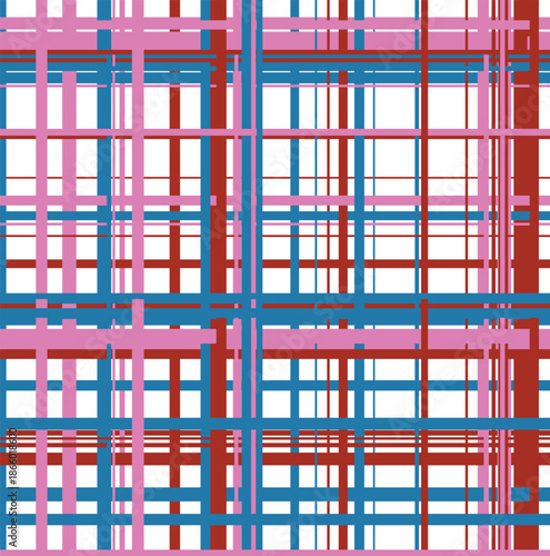 Vibrant geometric plaid pattern in pink, blue, and red