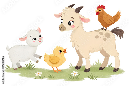 Cute baby farm animals collection including calf, goat kid, piglet, lamb, chick, young rooster, and foal. Adorable farm animals isolated on transparent background, PNG. Perfect for kids design, educat