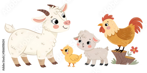 Cute baby farm animals collection including calf, goat kid, piglet, lamb, chick, young rooster, and foal. Adorable farm animals isolated on transparent background, PNG. Perfect for kids design, educat
