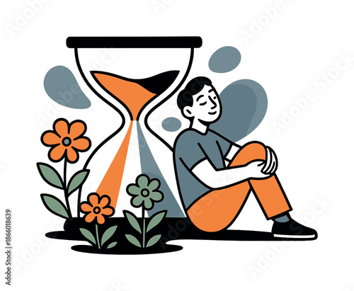 Gentle Reset Visualization. Gentle Reset. A floating hourglass spills soft beams of light instead of sand, with a figure leaning peacefully against it.