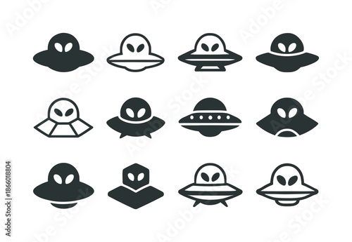 Martian Logo Variations. martian. Icon set. Set Logo of martian: UFO silhouette. harmonious logo variations of the same emblematic concept, each with different