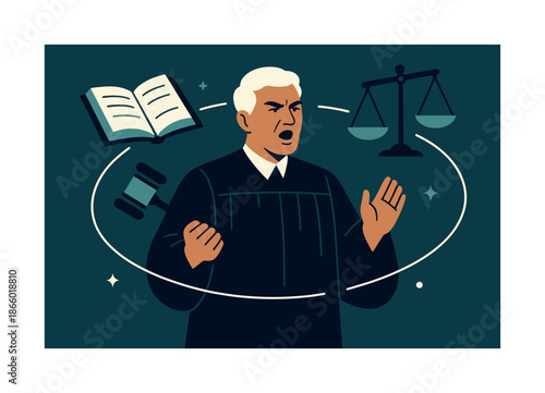 Judgment and Justice. Final judgment. The gavel, scales, and an open law book orbit around the judge as the verdict is spoken. A bold, symbolic rendering of