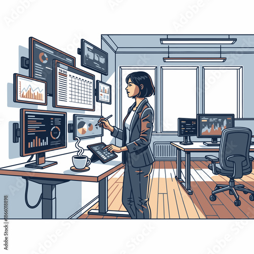 2D flat graphic illustration showing a young professional woman organizing her schedule and managing data analysis on multiple screens at a standing desk in a modern, minimalist office