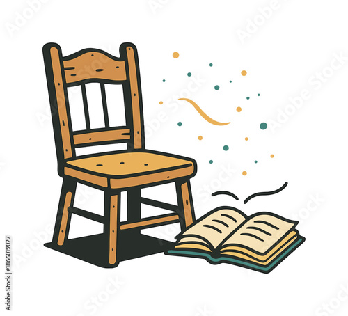 Rustic Reading Nook. Rustic reading chair. A chair with a slightly uneven back sits beside an open book, soft curves showing a gentle breeze. Light particles