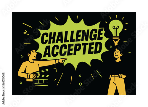 Bold Challenge Accepted Banner. Challenge accepted banner, flat vector illustration, bold oversized text inside comic burst, cartoon characters pointing and