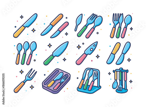 Colorful Cutlery Icons. Cutlery tools. Colorful isometric vector icons set of cutlery tools: dinner knife, butter knife, steak knife, table fork, spoon set,