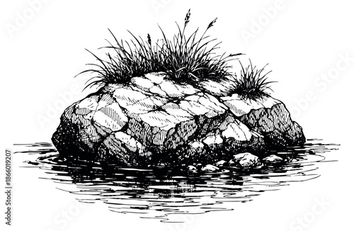 Hand drawn line art illustration of a rock depicting grass and water ripples for nature themes