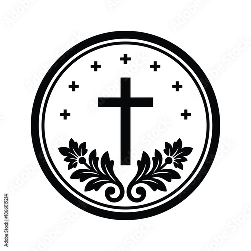 Christian cross emblem with floral ornaments and small crosses in circle