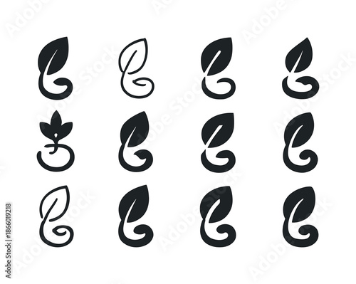 Composting Logo Variations. Composting. Icon set. Set Logo of Composting: decomposing leaf. harmonious logo variations of the same emblematic concept, each