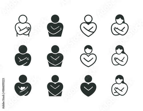 Self-Compassion Icon Set. Self-compassion and self-acceptance practices. Icon set. Set Logo of self-compassion and self-acceptance practices: person hugging