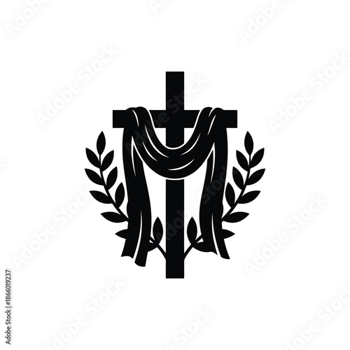 Christian cross with draped cloth and olive branches icon vector graphic