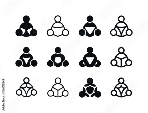 Creative Network Icons. Crowdsourced design projects. Icon set. Set Logo of crowdsourced design projects: creative network nodes. harmonious logo variations of