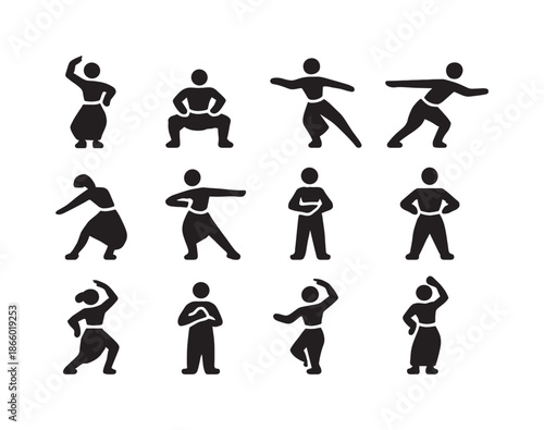 Traditional Dance Icons. Traditional dance poses. Solid icon set of Traditional dance poses: raised arm pose, low stance, balanced pose, forward lean, backward