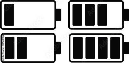 Set Battery charging charge indicator icon. Low full and half level battery energy. Collection Alkaline battery capacity charge icon. Flat style - stock vector.