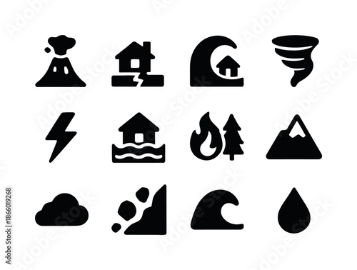 Natural Disaster Icons. Natural Disasters. Solid icon set of natural disasters: volcano, earthquake, tsunami, tornado, lightning, flood, wildfire, mountain,