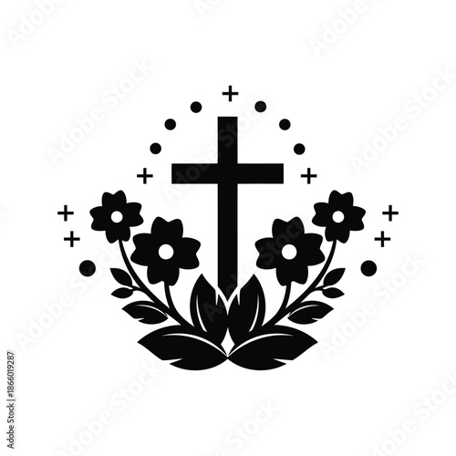 Christian cross with flowers and decorative elements silhouette icon