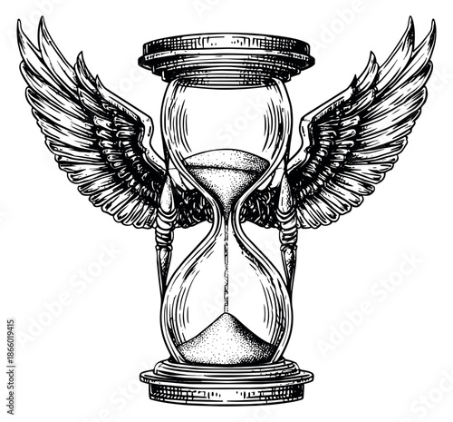 Hand drawn line art illustration of an hourglass with wings depicting the passage of time for concepts of urgency and eternity