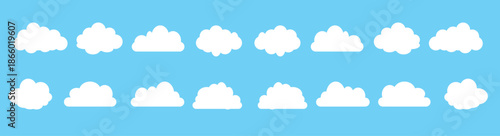 Cartoon white clouds icon set isolated on blue background. Cloudscape in flat style. Blue sky cloud weather symbol. Vector illustration cloudy panorama