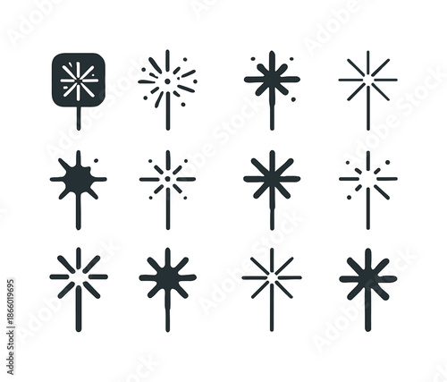 Sparkler Logo Variations. Sparkler. Icon set. Set Logo of Sparkler: radiant burst. harmonious logo variations of the same emblematic concept, each with