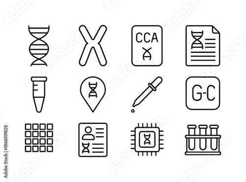 Genomic Medicine Icons. Genomic medicine. Line icon set of genomic medicine: DNA strand, chromosome icon, gene sequence, genetic report, PCR tube, gene marker,