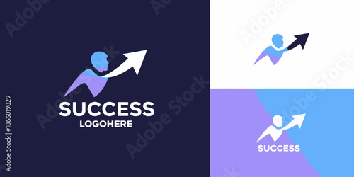 A person riding an arrow pointing upwards with the word success and placeholder text