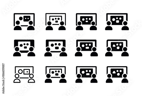 Remote Work Icon Set. Remote work revolution post-pandemic. Icon set. Set Logo of Remote work revolution post-pandemic: digital collaboration board. harmonious