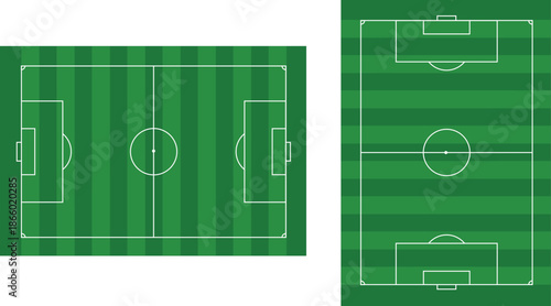 Soccer field. Sport Football pitch. Football empty Stadium with green grass. Football ground. Green texture with stripes and white lines. Corner, penalty and center. Football match. Playground Vector